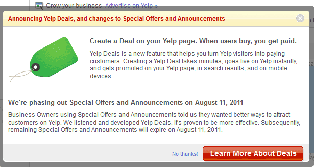 Yelp Notice Ending Its Free Special Offers and Annoucements