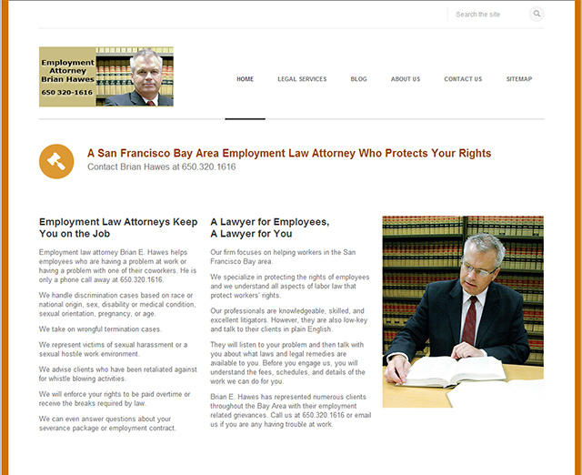 Homepage of employment attorney Brian Hawes in 2014